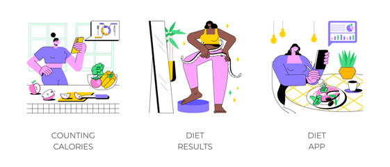 Fototapeta na wymiar Weight loss program isolated cartoon vector illustrations set. Girl counting calories with smartphone app, meal plan, women measure waist, looking at mirror, happy with diet result vector cartoon.