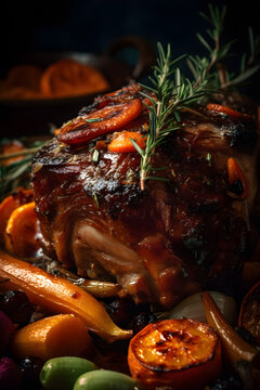 Whole roasted pork neck, stewed in wine with vegetables. (generative ai)