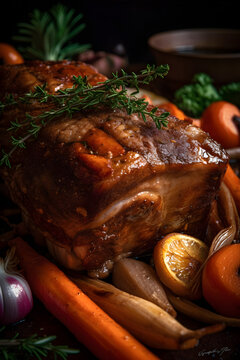 Whole roasted pork neck, stewed in wine with vegetables. (generative ai)