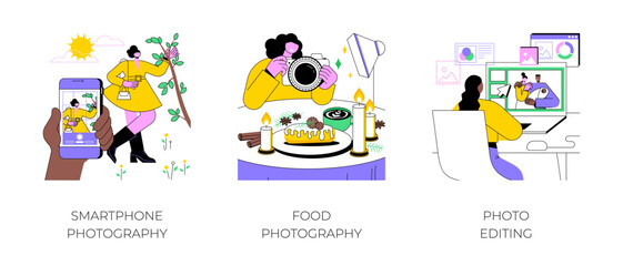 Photography as a hobby isolated cartoon vector illustrations set. Holding smartphone, taking picture, make professional food photos, use editing software, image processing vector cartoon.