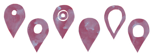 Watercolour style illustration vector purple blue pink ink colour location pin  icon set for maps place marker map marker pointer GPS location symbol collection transparent PNG JPEG
