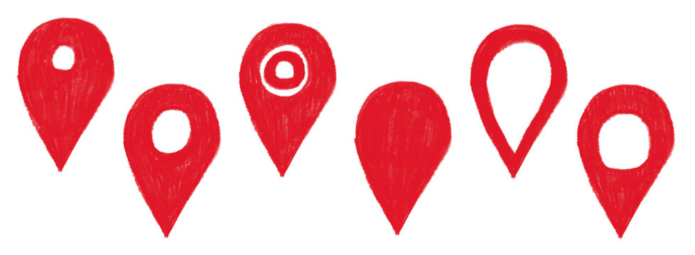 Hand drawn pencil pen style illustration vector red ink colour location pin  icon set for maps place marker map marker pointer GPS location symbol collection transparent PNG JPEG