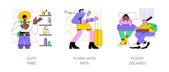 Airport routine isolated cartoon vector illustrations set. Buying perfume in duty free shop, retail outlet, flying with pets, going on vacation, flight delayed, waiting for departure vector cartoon.