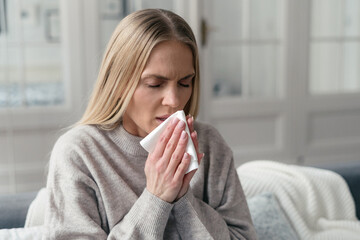 illness woman has respiratory infection and runny nose - obrazy, fototapety, plakaty
