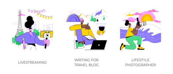 Fototapeta premium Travel blogger isolated cartoon vector illustrations set. Livestreaming for vlog, shooting video on smartphone on vacation, writing post for social media, lifestyle photographer vector cartoon.