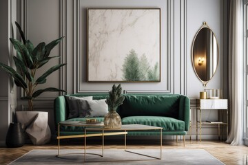 A sophisticated and stylish apartment's living room features a green velvet sofa, a gold coffee table, a plant, a design mirror, and stylish accents. The gray wall has a frame for mock artworks. opule