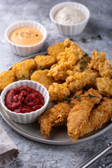 Chicken nuggets, strips and bites