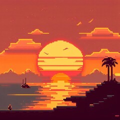 sunset in 70th's style pixel art. Ai generated.