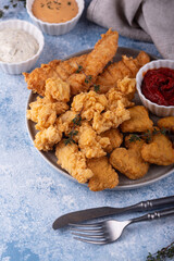 Chicken nuggets, strips and bites