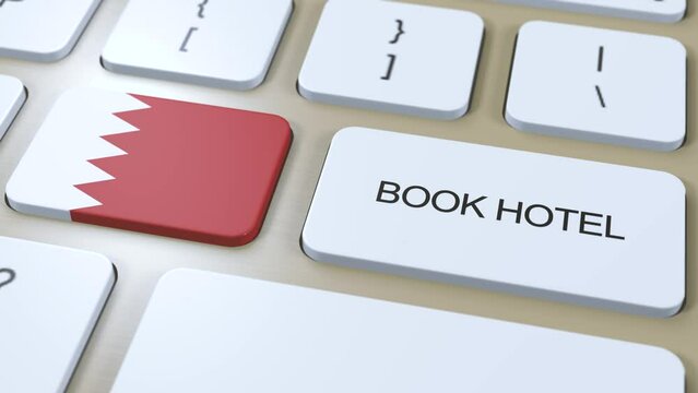 Book hotel in Bahrain with website online. Button on computer keyboard. Travel concept 3D animation. Book hotel text and Bahrain national flag