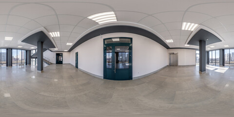 full seamless spherical hdri 360 panorama view in empty modern hall with columns, doors and...