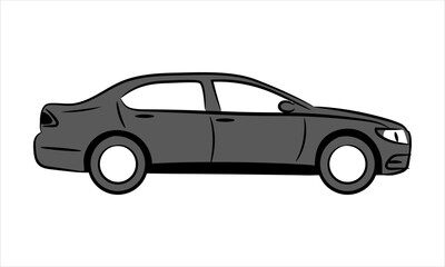 Sedan car line art vector icon monochrome illustration. Sedan car abstract silhouette on white background. A hand drawn line art of a sedan car. Side view