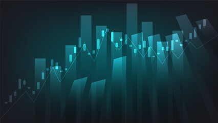 Financial business statistics with bar graph and candlestick chart show stock market price on dark green background