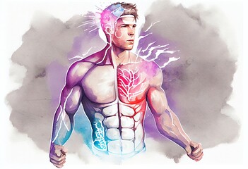Watercolor Illustration of a A Medical Background With A Technology Design Over A Guy Body With A Highlighted Brain. Generative AI