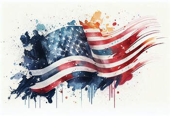 Watercolor Illustration of a American Flag In The Wind Stars And Strips Patriotic Symbol Of Strength Unity Background Banner, Text. Generative AI