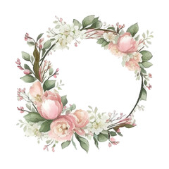 Wreath with flowers, leaves and branches in vintage watercolor style. Vector circle frame