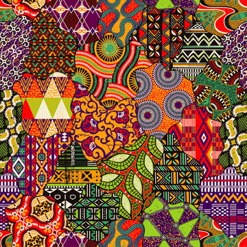 Traditional ethnic African fabric patchwork wallpaper vintage abstract vector seamless pattern