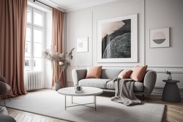 Interior of a Scandinavian apartment with a cozy couch. Generative AI