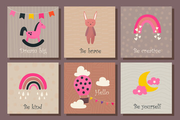 A set of children's postcards. Cards for the first birthday. Postcards for newborns. Children's elements. Children's design