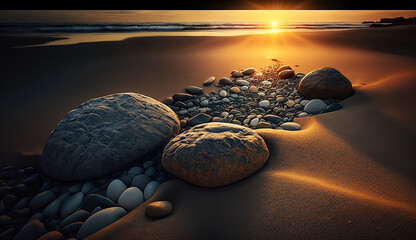 Dark stones on sand near sea at sunset. Zen concept. Generative Ai
