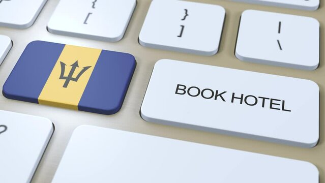 Book hotel in Barbados with website online. Button on computer keyboard. Travel concept 3D animation. Book hotel text and Barbados national flag