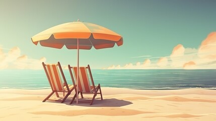 Beach chair and umbrella on beautiful beach. Sunny day on a ocean shore. Travel paradise concept. Generative AI