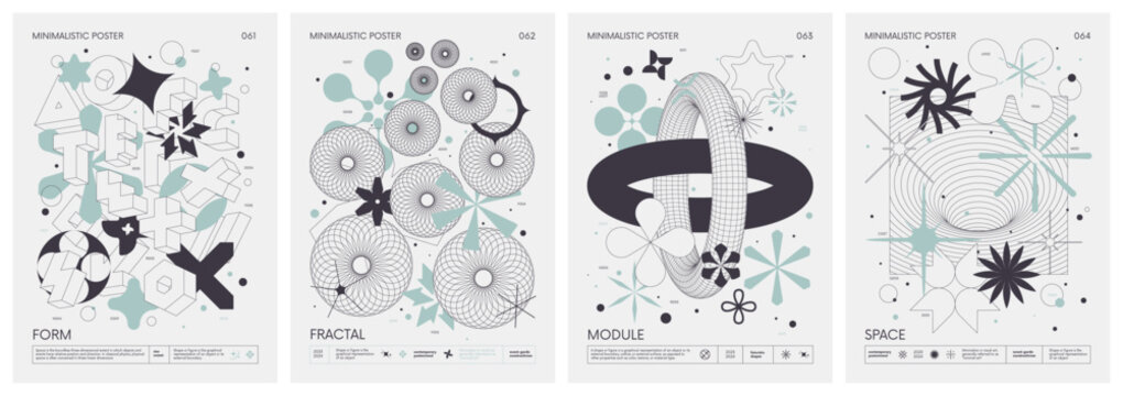 Brutalist style vector minimalistic Posters with strange wireframes graphic assets of geometrical shapes and silhouette basic figures, Modern color print artwork, set 16