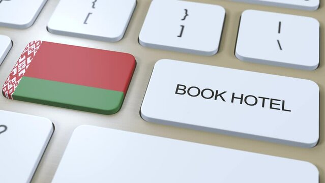 Book hotel in Belarus with website online. Button on computer keyboard. Travel concept 3D animation. Book hotel text and Belarus national flag