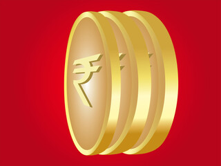 Gold coins. Realistic Indian Rupee coin standing on stacked coins. Finance concept for websites, web design, mobile app, infographics.