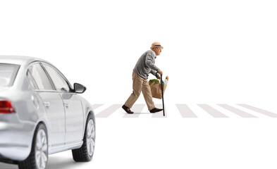Car driving and a senior man with a cane walking and carrying a grocery bag at a pedestrian crossing