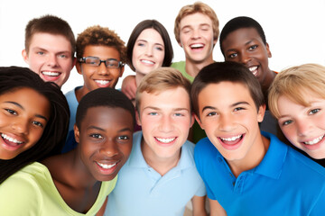 Generative ai multicultural group happy friends teenagers having fun taking selfie  smiling