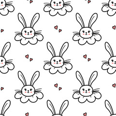 Cute bunny seamless pattern. Hand drawn doodle rabbit face and hearts vector wallpaper. Happy Easter banner background..