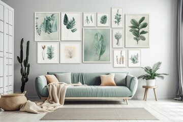 With furniture and plants in a contemporary flat, a gallery wall template with nine frames for poster presentations decorates the space. Generative AI