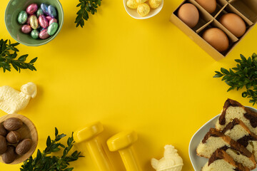 Two heavy dumbbells, Easter eggs, chocolate candies, boxwood branches and loaf cake. Healthy fitness lifestyle composition, gym workout and training concept. Fit flat lay with yellow copy space.