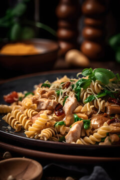 Pasta with chicken in oyster sauce. (generative ai)