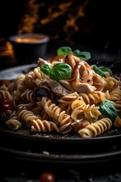Pasta with chicken in oyster sauce. (generative ai)