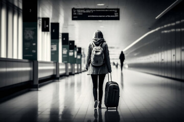 Woman with travel suitcase at the airport. Generated by AI