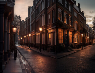 Fototapeta na wymiar Old London at sunset, street corner with lit lampposts, illustration created with Generative AI technology