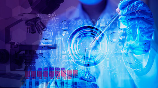 Genetic research and Biotech science Concept. Human Biology and pharmaceutical technology on laboratory background.