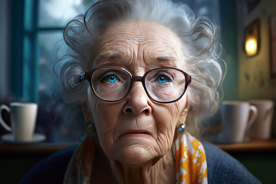 Portrait of an elderly lonely and confused woman in nursing home. Concept of dementia and lost memory. Generation AI.