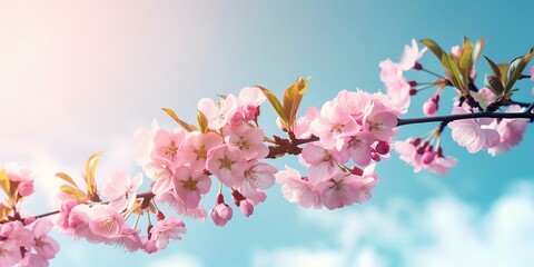 Obraz premium Pink cherry blossoms on a tree branch isolated against a background of sky with clouds on a beautiful spring morning.