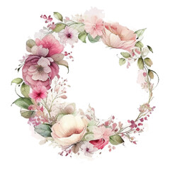 Wreath with flowers, leaves and branches in vintage watercolor style. Vector circle frame