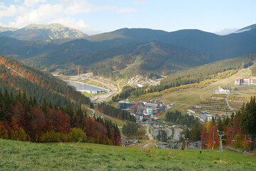 Panorama view of Bukovel - village and ski resort in Carpathians, Ukraine