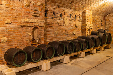 Wine cellars with barrels in Rakvice, Southern Moravia, Czech Republic