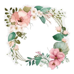 Wreath with flowers, leaves and branches in vintage watercolor style. Vector circle frame