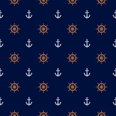 Yacht boat anchor and steering wheel, vessel helm vector seamless pattern marine graphic design. © SunwArt
