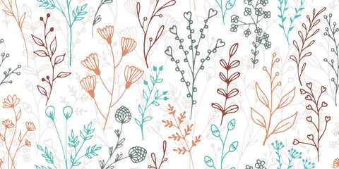 Field flower twigs organic vector seamless background. Gentle floral textile print. Wild plants leaves and bloom illustration. Field flower sprouts linear endless swatch