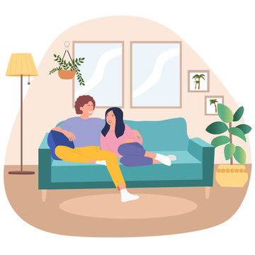adorable couple lying on sofa. relaxing couple scene. daily life of cute happy couple in a living room with windows, plants, paintings, lamp. romantic couple relationship in flat vector illustration
