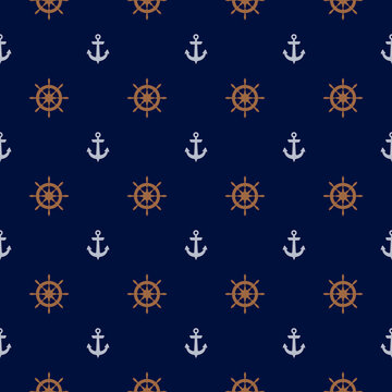 Yacht boat anchor and steering wheel, vessel helm vector seamless pattern marine graphic design.