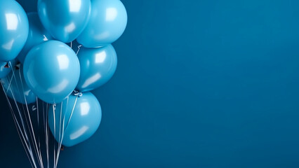Blue helium balloons on blue background with copy space. Decoration for a birthday party, concept of happiness, and celebration. Blue balloons, background for wedding, anniversary. AI generated image. - obrazy, fototapety, plakaty